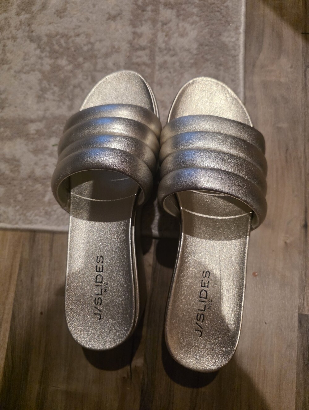 J/SLIDES Metallic Goldr Quilted Band Slide Sandals